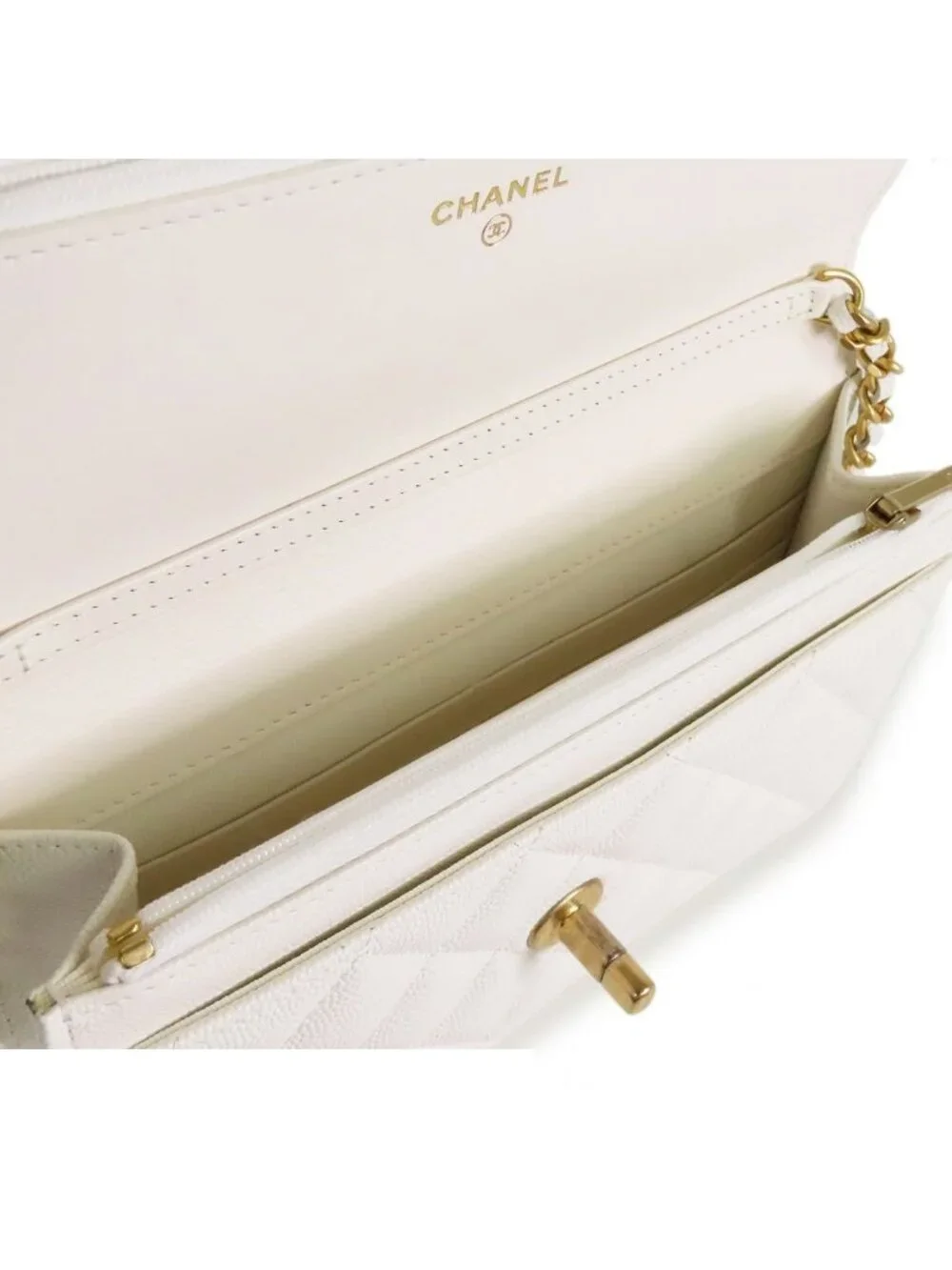 Chanel Chain Wallet White Gold Caviar Leather Charm Shoulder Bag
